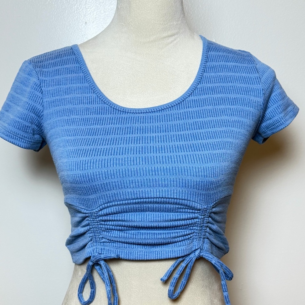 SO Blue Ruched Crop Top XS Ribbed Stretch Baby Tee Adjustable Side Tie Y2K